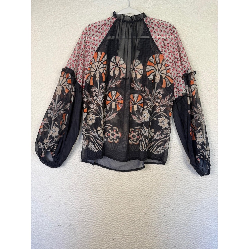Blouse Womens XS Black Floral Tunic Balloon Sleeve Boho Whimsygoth Floral - Picture 2 of 10